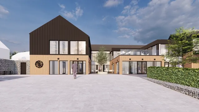 Architektonická vizualizace v galerii Města a obce — vstupní prostranství před budovami s dřevěným obkladem a prosklenými fasádami