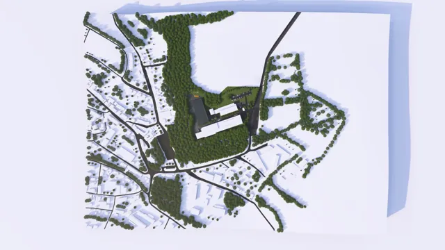 3D vizualizace hal a průmyslových staveb — celkový pohled na areál, okolní zástavbu, komunikace a zeleň