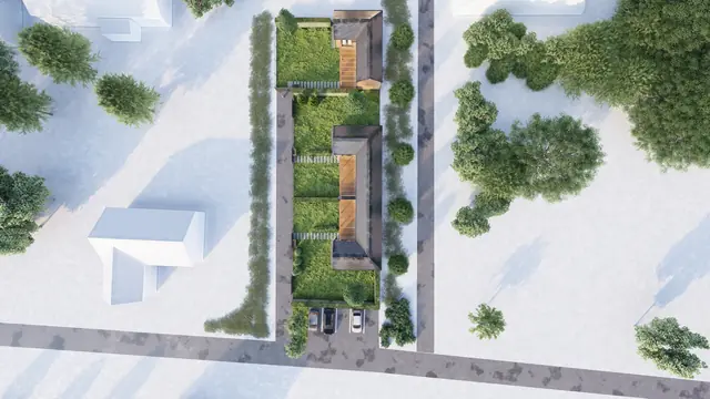 Architektonická vizualizace v galerii Ostatní — ptačí pohled na řadu domů s obytnými zahradami, terasami a parkováním u komunikace